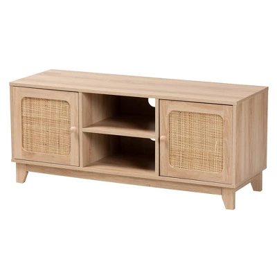 Elsbeth Wood And Natural Rattan 2 Door TV Stand For TVs Up To 40" Light Brown/Natural Brown - Baxton Studio 5 Elsbeth Wood And Natural Rattan 2 Door TV Stand For TVs Up To 40" Light Brown/Natural Brown - Baxton Studio - Image 3