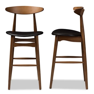 Set Of 2 Flora Mid-Century Modern Walnut Finished Wood Upholstered Barstools Black - Baxton Studio 4 Set Of 2 Flora Mid-Century Modern Walnut Finished Wood Upholstered Barstools Black - Baxton Studio - Image 2