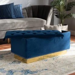 Powell Velvet Fabric Upholstered And PU Leather Ottoman Gold/Blue - Baxton Studio 16 Powell Velvet Fabric Upholstered And PU Leather Ottoman Gold/Blue - Baxton Studio -Baxton Studio GUEST 80611a78 4c6d 4dda 94ba d7c5df476e94