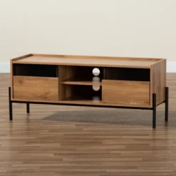 Tasman Wood And Metal 2 Door TV Stand For TVs Up To 45" Natural Brown/Black - Baxton Studio -Baxton Studio GUEST 826d49df f57a 4e09 ac6f 8ebfb0d25646