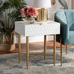 Marcin Wood And Metal 1 Drawer Nightstand White/Gold - Baxton Studio -Baxton Studio GUEST 83179df7 7cdf 4da1 8ba0 8590f256aa90