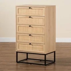 Amelia Wood Rattan 5 Drawer Storage Cabinet Natural Brown/Black - Baxton Studio -Baxton Studio GUEST 844c9bb9 c354 4038 9776 89de2fe18416