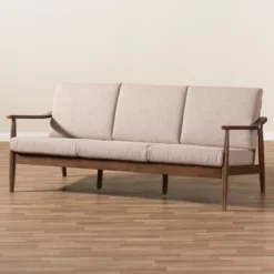 Venza Mid-Modern Walnut Wood Fabric Upholstered 3 Seater Sofa Light Brown - Baxton Studio -Baxton Studio GUEST 87639c35 0439 4009 9dcd 4c6d1cefb892