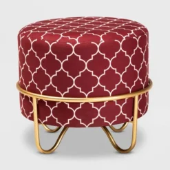 Candice Quatrefoil Velvet Upholstered Metal Ottoman Red - Baxton Studio