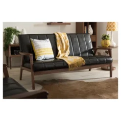 Nikko Mid-Century Modern Scandinavian Style Faux Leather Wooden 3 Seater Sofa - Baxton Studio -Baxton Studio GUEST 8bb4759d aa38 4680 9a30 4f5ce10a8086