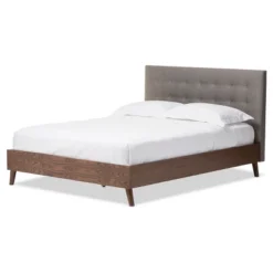Alinia Mid-Century Retro Modern Fabric Upholstered Walnut Wood Platform Bed - Queen - Baxton Studio -Baxton Studio GUEST 951681c9 9eba 4fe1 897d c101156e592e