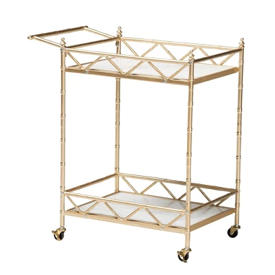 Mela Metal And Marble 2 Tier Wine Cart Gold/White Marble - Baxton Studio 4 Mela Metal And Marble 2 Tier Wine Cart Gold/White Marble - Baxton Studio - Image 2