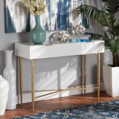 Galia Wood And Metal 1 Drawer Console Table White/Gold - Baxton Studio -Baxton Studio GUEST 9a062f8a abb6 4d97 8e40 8fb88311d77d