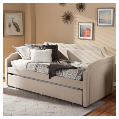 Parkson Modern And Contemporary Linen Fabric Curved Notched Corners Sofa Daybed With Roll - Out Trundle Guest Bed - Twin - Baxton Studio 8 Parkson Modern And Contemporary Linen Fabric Curved Notched Corners Sofa Daybed With Roll - Out Trundle Guest Bed - Twin - Baxton Studio - Image 6