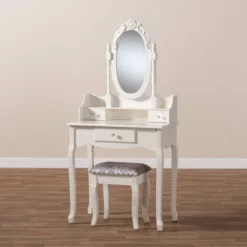 2pc Veronique White Finished Wood Vanity Table With Mirror And Ottoman White - Baxton Studio -Baxton Studio GUEST 9de0152d 3774 4a54 9546 3c1b96daaf3d