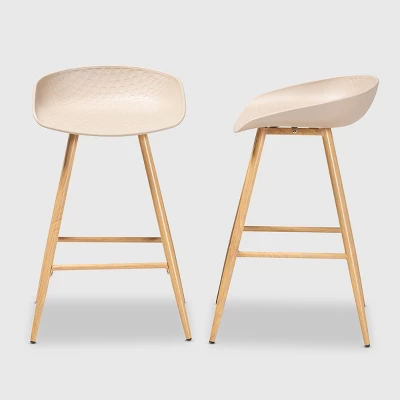 Set Of 2 Mairi Plastic And Wood Counter Height Barstools Beige/Natural - Baxton Studio 4 Set Of 2 Mairi Plastic And Wood Counter Height Barstools Beige/Natural - Baxton Studio - Image 2