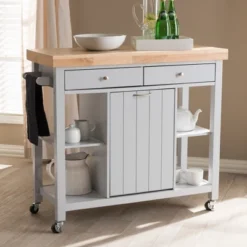 Hayward Coastal And Farmhouse Natural Wood Kitchen Cart White, Light Brown - Baxton Studio -Baxton Studio GUEST a37f972e 5e5c 416a bbd2 96f60a9bdadd