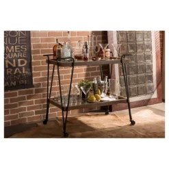 Jessica Rustic Industrial Style Textured Finish Metal Distressed Ash Wood Mobile Serving Bar Cart - Black & Brown - Baxton Studio -Baxton Studio GUEST a4213dff 65db 41b7 b429 3dab301a331c