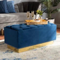 Powell Velvet Fabric Upholstered And PU Leather Ottoman Gold/Blue - Baxton Studio 15 Powell Velvet Fabric Upholstered And PU Leather Ottoman Gold/Blue - Baxton Studio -Baxton Studio GUEST a432f300 1d49 4004 99de 0ccd7a46a32e