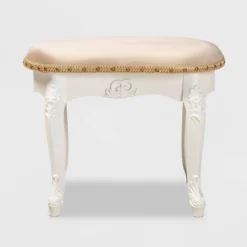 Gabrielle Velvet Fabric Upholstered Wood Vanity Ottoman Sand/White/Gold - Baxton Studio