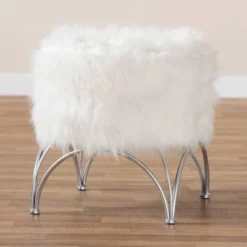 Celia Faux Fur Upholstered Silver Metal Ottoman White/Silver - Baxton Studio -Baxton Studio GUEST a764237c 52c1 4c28 acb6 04078233bd6e