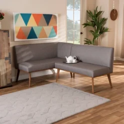 2pc Odessa Mid-Century Modern Fabric Upholstered Wood Dining Corner Sofa Bench Set Walnut/Brown/Gray - Baxton Studio -Baxton Studio GUEST a84dc2a4 fac7 45d5 bed1 3a148b641c10