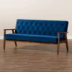 Sorrento Velvet Upholstered Wooden 3 Seater Sofa Navy Blue/Brown - Baxton Studio -Baxton Studio GUEST aa493472 482c 4a2d b6db d54efff3bf0f