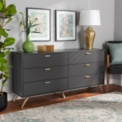 Kelson Wood 6 Drawer Dresser Dark Gray/Gold - Baxton Studio -Baxton Studio GUEST adfff63d 9644 4f5c 950b 69b6fd9f9f83