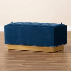 Powell Velvet Fabric Upholstered And PU Leather Ottoman Gold/Blue - Baxton Studio 17 Powell Velvet Fabric Upholstered And PU Leather Ottoman Gold/Blue - Baxton Studio -Baxton Studio GUEST b69f61c9 d729 4bd1 8a70 39f3aa535766