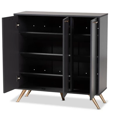 Kelson Wood 3 Door Cabinet Dark Gray/Gold - Baxton Studio 3 Kelson Wood 3 Door Cabinet Dark Gray/Gold - Baxton Studio