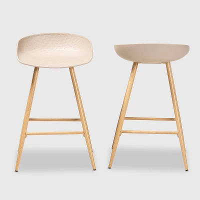 Set Of 2 Mairi Plastic And Wood Counter Height Barstools Beige/Natural - Baxton Studio 3 Set Of 2 Mairi Plastic And Wood Counter Height Barstools Beige/Natural - Baxton Studio