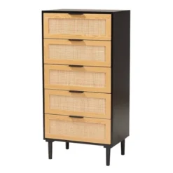 Maureen Wood And Rattan 5 Drawer Storage Chest Espresso/Natural Brown - Baxton Studio