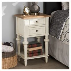 Marquetterie French Provincial Style Weathered Oak Wash Distressed Wood Finish Two - Tone 2 - Drawer And 1 - Shelf Nightstand - White - Baxton Studio -Baxton Studio GUEST ba81e449 1851 46bd 85a6 7ca30b521e62