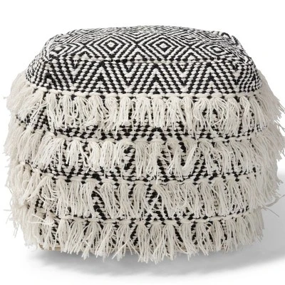 Alian Handwoven Wool Tassel Moroccan Inspired Pouf Ottoman Black/Ivory - Baxton Studio 7 Alian Handwoven Wool Tassel Moroccan Inspired Pouf Ottoman Black/Ivory - Baxton Studio - Image 5