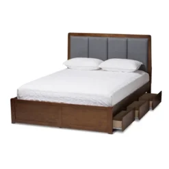 Brannigan Modern And Contemporary Fabric Upholstered Walnut Finished Storage Platform Bed Gray/Brown - Baxton Studio
