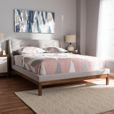 Louvain Modern And Contemporary Fabric Upholstered Walnut - Finished Platform Bed Grayish Beige - Baxton Studio 7 Louvain Modern And Contemporary Fabric Upholstered Walnut - Finished Platform Bed Grayish Beige - Baxton Studio - Image 5