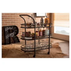 Karlin Rustic Industrial Style Antique Black Textured Finish Metal Distressed Wood Mobile Kitchen Bar Serving Wine Cart - Baxton Studio