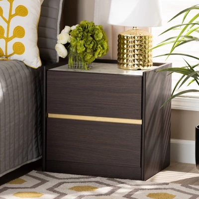 Walker Wood Nightstand With Faux Marble Top Dark Brown/Marble/Gold - Baxton Studio 6 Walker Wood Nightstand With Faux Marble Top Dark Brown/Marble/Gold - Baxton Studio - Image 4
