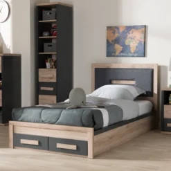 Twin Pandora Modern And Contemporary Two Tone 2 Drawer Size Storage Platform Bed Dark Gray/Natural - Baxton Studio -Baxton Studio GUEST cb1fae51 1cf3 4b68 a7cb af9499ae17d5
