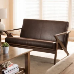 Bianca Mid-Modern Walnut Wood Distressed Faux Leather 2 Seater Loveseat Dark Brown - Baxton Studio -Baxton Studio GUEST cb9850fb ca10 4e42 8bde d6844820136b