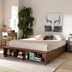 Arthur Wood Platform Bed With Built-In Shelves Ash Walnut - Baxton Studio -Baxton Studio GUEST ce6c50c3 dd18 4c4f b17c 57ae17988f8b