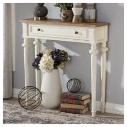 Marquetterie French Provincial Style Weathered Oak Wash And Distressed Wood Finish Two - Tone Console Table - White - Baxton Studio -Baxton Studio GUEST d46a293a 4a48 46be a4ed ddcf14fae82f