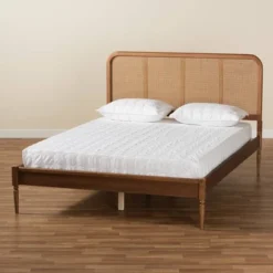 King Elston Wood And Synthetic Rattan Platform Bed Brown/Ash Walnut - Baxton Studio -Baxton Studio GUEST d4909bb3 62a7 4e02 8b46 9ac7c1f96887