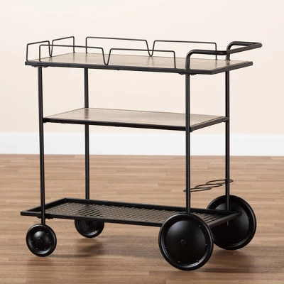 Huntley Wood And Metal Mobile Wine Cart Walnut Brown/Black - Baxton Studio 9 Huntley Wood And Metal Mobile Wine Cart Walnut Brown/Black - Baxton Studio - Image 7