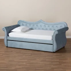 Twin Abbie Velvet Tufted Daybed With Trundle Light Blue - Baxton Studio -Baxton Studio GUEST da1623e5 7c0e 4607 9057 5b0607e01a4e