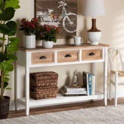 Benedict Two-Tone Wood 3 Drawer Console Table White/Oak - Baxton Studio -Baxton Studio GUEST dc427962 3b5f 485c b446 14f39b8df1d0