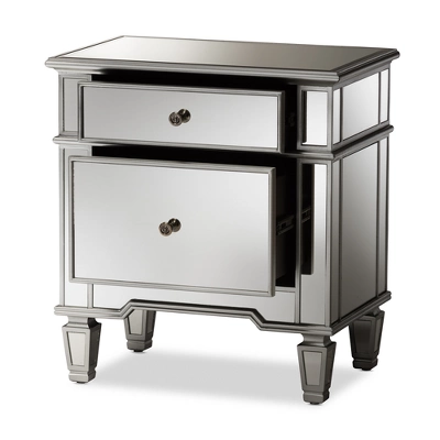 Sussie Hollywood Regency Glamour Style Mirrored 2 - Drawer Nightstand - Baxton Studio 3 Sussie Hollywood Regency Glamour Style Mirrored 2 - Drawer Nightstand - Baxton Studio