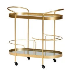 Kamal Glam Brushed Metal And Mirrored Glass 2 Tier Mobile Wine Bar Cart Gold - Baxton Studio -Baxton Studio GUEST de442c1b 7362 4bd1 8b2e ff4632c874fc