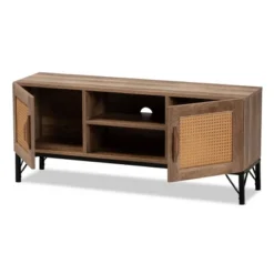 Veanna Bohemian Natural Wood And Metal 2 Door Synthetic Rattan TV Stand For TVs Up To 40" Brown/Black - Baxton Studio