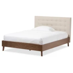 Alinia Mid-Century Retro Modern Fabric Upholstered Walnut Wood Platform Bed - Queen - Baxton Studio -Baxton Studio GUEST e7a4064b dfaf 4da7 9d3a f6de96a2458d