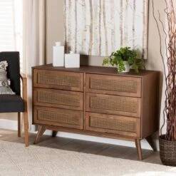Barrett Wood And Synthetic Rattan 6 Drawer Dresser Walnut Brown - Baxton Studio -Baxton Studio GUEST e8e41f6a 530b 4747 a6d5 67c901676a26