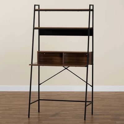 Palmira Wood And Metal Desk With Shelves Walnut Brown/Black - Baxton Studio 7 Palmira Wood And Metal Desk With Shelves Walnut Brown/Black - Baxton Studio - Image 6