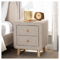 Jonesy Mid - Century Linen Upholstered 2 - Drawer Nightstand - Buff Beige - Baxton Studio -Baxton Studio GUEST ec47cf5c 2707 47b5 980a 013986eff062