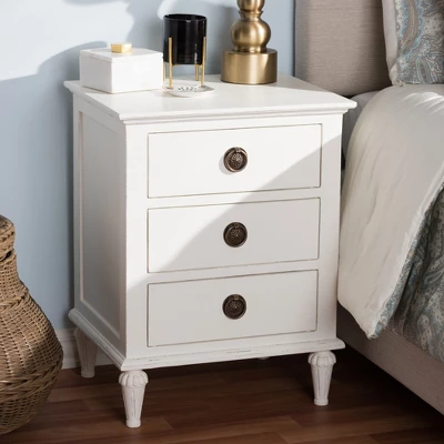 Venezia French - Inspired Rustic Washed Wood 3 - Drawer Nightstand - White - Baxton Studio 8 Venezia French - Inspired Rustic Washed Wood 3 - Drawer Nightstand - White - Baxton Studio - Image 6