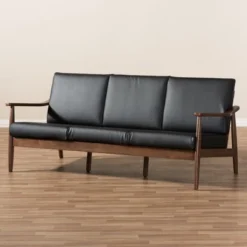 Venza Mid-Modern Walnut Wood Faux Leather 3 Seater Sofa Black - Baxton Studio -Baxton Studio GUEST f16218f9 5a18 4a1a a1dd 412e20eb8d76
